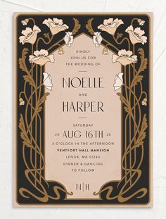 an art deco style wedding card with flowers and leaves on the front, in black and gold