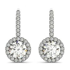 2 Carats Round Brilliant Diamonds Halo Drop Earrings | HarryChadEnt.com Bracelet Tennis, Big Diamond, Round Diamond Engagement Rings, White Gold Diamond Rings, Simple Earrings, Gold Diamond Rings, Princess Cut Diamonds, Brilliant Diamond, 2 Carat