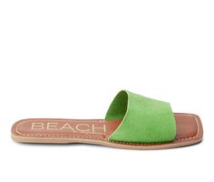 Suede upper, Slip on for easy entry,0.25\ flat heel, Open square toe, Lightly padded insole, Man Made outsole, Classic one-band slide design | Women's Beach by Matisse Bali Sandals in Green Size 6 Summer Slides With Cushioned Footbed And Single Toe Strap, Cushioned Footbed Sandals With Square Toe For Summer, Casual Vacation Slides With Single Toe Strap, Casual Slides With Single Toe Strap For Vacation, Green Flat Heel Slides For Summer, Adjustable Square Toe Sandals For Beach, Green Leather Summer Slides, Green Leather Slides For Summer, Synthetic Square Toe Sandals For Vacation