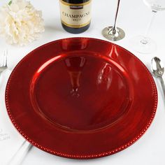 6 Pack 13inch Beaded Red Acrylic Charger Plate, Plastic Round Dinner Charger Event Tabletop Beaded Charger Plates, Red Charger, Acrylic Charger Plates, Christmas Dining Table Decor, Dinner Party Table Settings, Christmas Dining Table, Dinner Party Table, Party Table Settings, Dinner Table Setting