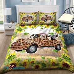 a bed with sunflowers and a leopard driving a car