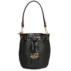 Versatile and visually stunning, the Hasley black leather bucket bag is an ultra luxe bag featuring an incredible hand woven upper , a padded leather handle and a detachable gold toned metal chain sling strap. The handy drawstring opening guarantees easy access. Made to be your new fashion favourite. Hang it on your shoulder to complement your blazer and pencil skirt ensemble. - Black handwoven leather upper - Cotton lined with drawstring closure. - Padded leather handle with a detachable metal Luxury Bucket Bag With Gold-tone Hardware Satchel, Chic Bucket Bag With Metal Hardware, Chic Shoulder Bucket Bag With Metal Hardware, Elegant Woven Leather Bucket Bag, Chic Travel Bucket Bag With Metal Hardware, Evening Bucket Bag With Braided Handles, Trendy Formal Bucket Bag With Detachable Strap, Formal Satchel Bag With Braided Handles, Luxury Bucket Bag With Braided Handles