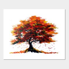 a painting of an autumn tree with falling leaves