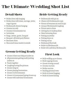 the ultimate wedding shot list for brides and grooms is shown in this image