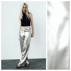 Nwt. Zara Silver Foil High-Waist Trousers Made Of A Metallic Satin Fabric. Five Pockets. Front Zip Fastening, Inside Button And Metal Hooks. Size L. Ref. 4391/512. Waist 16,5" Flat, Rise 12", Inseam 32". 1071 Jumpsuit Trousers, Zara Pants, Metal Hooks, Silver Foil, High Waisted Trousers, Satin Fabric, Pant Jumpsuit, Foil, High Waist