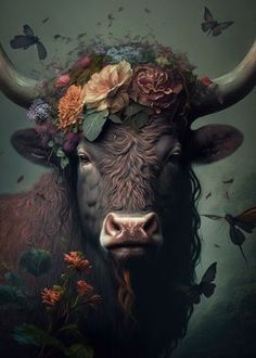 a bull with flowers on its head is surrounded by butterflies