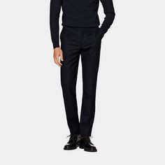 Sleek and tailored slim with classic formal details, these handsome navy Brescia pants are an essential in every man's winter collection. Navy Elegant Tapered Leg Dress Pants, Elegant Navy Tapered Leg Dress Pants, Elegant Navy Bottoms For Business Casual, Navy Slim Fit Pants For Business Casual, Slim Fit Dress Pants For Winter Workwear, Winter Slim Fit Dress Pants For Work, Winter Workwear Slim Fit Dress Pants, Winter Business Slim Fit Pants, Elegant Navy Dress Pants For Work