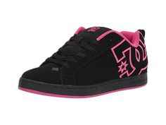 DC Court Graffik W - Women's Skate Shoes : Black/Black/Pink : A modern classic, the DC Court Graffik W casual shoes deliver with a clean silhouette and bold logo detail. Casual sneakers with heavy-duty suede, sturdy action nubuck, or soft and resilient action leather upper for abrasion-resistance and durability. Foam-padded tongue and collar for added comfort and support. Textile lining offers breathability. Internal elastic tongue holders for added foot stability. Rubber cupsole with iconic pil Cute Shoes Men, Black And Pink Dc Shoes, Dc Shoes Outfit, Pink Dc Shoes, Black And Pink Shoes, Zappos Shoes, Dc Court Graffik, Dc Shoes Women, Dc Sneakers