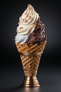 an ice cream sundae with chocolate, vanilla and white icing in a gold cone