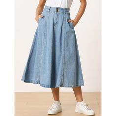 This casual skirt in a flowy flared hem highlights your slim waist and shapes your perfect figure. The Denim fabric is breathable and lightweight to wear, giving you a pleasing wear experience while showing your chic look. The length is just right to cover your hip and leg, elegant and timeless, and easy to create satisfying styles with any tops. The simple but never outdated design makes this durable jean skirt a nice piece for your casual and office choice. Spring Casual A-line Bottoms, Blue Flared Denim Skirt, Casual Flare Skirt For Spring, A-line Denim Bottoms For Spring, Spring Flared Hem Denim Blue Bottoms, Spring A-line Denim Bottoms, Spring Denim Blue Flared Bottoms, Casual A-line Denim Skirt For Spring, Spring Flare Pleated Skirt