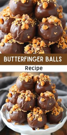 chocolate covered butterfinger balls stacked on top of each other in a white plate with text overlay