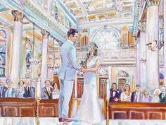 a painting of a bride and groom in front of the alter at their wedding ceremony