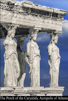 the porch of the caryides, acropis of aeginas in front of blue sky with clouds