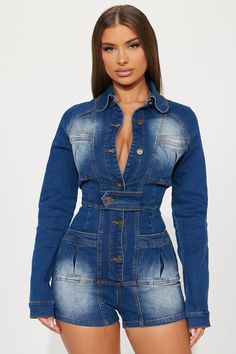 Trendy Collared Denim Jumpsuit, Non-stretch Buttoned Denim Dress For Fall, Collared Denim Jumpsuit With Pockets, Fitted Collared Denim Jacket With Pockets, Spring Trendy Collared Denim Jumpsuit, Trendy Fitted Collared Denim Top, Trendy Spring Collared Denim Jumpsuit, Collared Denim Jumpsuit With Button Closure, Fitted Cotton Denim Jumpsuit With Button Closure