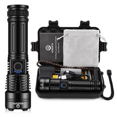 an image of a flashlight with its contents in the case on a white background,