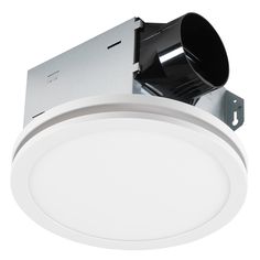 a white ceiling light with a black exhaust fan on the top and an aluminum housing