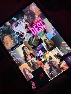 a cell phone with many different pictures on it's screen and the words dessy written in pink