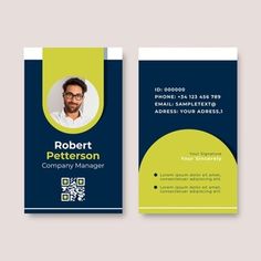 a blue and green business card with a man's face on the front side