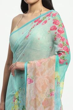 Blue mist chiffon saree with French liberty rose prints. Comes along with similar printed running blouse piece. - Aza Fashions Blue Floral Print Saree Dress, Fitted Blue Pre-draped Saree With Floral Print, Blue Floral Print Pre-draped Georgette Saree, Unstitched Blue Digital Print Saree, Unstitched Blue Floral Print Saree, Satya Paul, Rose Prints, Saree Gowns, Cotton Sarees Handloom