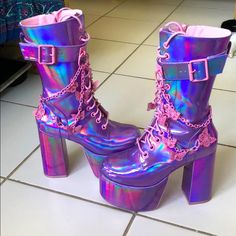 These Are The Boots That Ariana Grande Wore In Her Rain On Me Video! They’re Purple With Pink Butterfly Chains, Pink Zipper And Pink Laces. I’ve Only Worn Them One Time!!! Holographic Boots, Dolls Kill Shoes, Goth Shoes, Catty Noir, Shoes Purple, Kawaii Shoes, Funky Shoes, Girly Shoes, New Rock