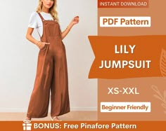 Lily Jumpsuit Sewing Pattern 💥 Get more than 335 patterns with our Whole Shop Bundle 👉  www.etsy.com/listing/1315834001 This pattern comes with an illustrated sewing guide with step by step instructions, making it super easy to make your own garment.  If you're looking for a beginner friendly project that will take 2 hours to make then this is perfect for you!  What you'll receive: ✔️ Sizes included:  XS-XXL ✔️ Seam allowance is included in all sizes 1/2 inches (1,3cm). ✔️ Pattern is available Garment Sewing Patterns, Jumper Sewing Patterns For Women, Loose Overalls Pattern, Overalls Pattern Sewing, Sewing Project Patterns, Jumpsuit Pattern Free, Dungarees Sewing Pattern, Trouser Sewing Pattern, Free Pinafore Pattern