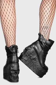 DOOM.- Statement platform boots.- Custom molded soles featuring details soles. - Lace up closure.- Inner zip.- Platform height 7cm/2.7".- Heel height - 14cm/5.5".- Wipe clean only.With KILLSTAR branding, Upper: 100% PU Outsole: 100% Rubber. Imported. Platform Boots, Heel Height, Lace Up, Branding, Heels, Boots, Lace, Black