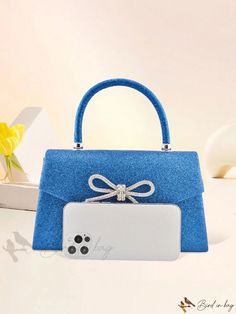 Bird in Bag - Blue Glitter Bowknot Decorated Purse with Top Handle Evening Bag Clutch Bag for Wedding Party Shoulder Bag Elegant Bags With Bow For Party, Elegant Party Bag With Bow, Elegant Party Bags With Bow Detail, Blue Glamorous Bags For Gifts, Glamorous Blue Bags For Gifts, Glamorous Blue Formal Bag, Party Clutch Bags With Bow, Party Clutch Bags With Bow Detail, Blue Glamorous Party Bag