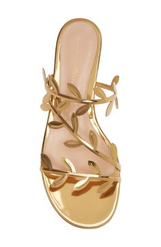 Delicate leaves flourish on the slender straps of an enchanted sandal fashioned in Italy from golden leather with a tastefully rounded toe. Leather upper, lining and sole Made in Italy Designer Shoes Gold Sandals With Single Toe Strap For Gala, Gold Sandals With Single Toe Strap For Formal Occasions, Elegant High Heel Gold Sandals, Gold Formal Sandals With Single Toe Strap, Designer Gold Sandals For Formal Occasions, Elegant Gold High Heel Sandals, Luxury Gold Cocktail Sandals, Spring Gala Almond Toe Sandals, Gold Leather Almond Toe Sandals