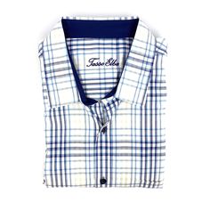 Upgrade your wardrobe with this stylish Tasso Elba button-up shirt. With its white and blue plaid design, long sleeves, and comfortable cotton fabric, this shirt is perfect for any occasion. Feel confident and fashionable in this very good condition shirt. Plaid Cotton Dress Shirt With Spread Collar, Casual Plaid Cotton Dress Shirt, White Cotton Flannel Shirt For Spring, Plaid Cotton Dress Shirt For Summer, White Cotton Flannel Shirt With Button Closure, Casual Plaid Collared Dress Shirt, Casual Plaid Long Sleeve Dress Shirt, Casual Plaid Button-up Dress Shirt, White Cotton Long Sleeve Flannel Shirt