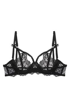 A strappy design adds to the sultriness of this underwire bra crafted with revealing floral lace cups. 56% nylon, 36% polyester, 8% elastane Machine wash, line dry Imported Lace Push-up Bra With Lace Closure, Lace Underbust Bra With Lace Closure, Underbust Bra With Lace Closure, Underwire Nursing Bra With Lace Trim, Push-up Bra With Lace Closure For Party, Delicate Lace Push-up Bra, Lace Push-up Bra With Lace Trim, Party String Bra With Lace Trim, Lace Underbust Bra With Padded Cups