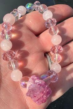 Rose quartz, angel aura and pink geode stretch crystal bracelet. Pink Crystal Bracelet With Natural Rose Quartz, Pink Rose Quartz Crystal Bracelet With Natural Stones, Pink Rose Quartz Stretch Bracelet With Natural Stones, Pink Quartz Jewelry For Healing, Pink Rose Quartz Natural Stone Stretch Bracelet, Pink Crystal Bracelet With Gemstone Beads For Healing, Pink Rose Quartz Crystal Bracelet Gift, Spiritual Rose Quartz Pink Bracelets, Pink Rose Quartz Crystal Bracelet For Gift