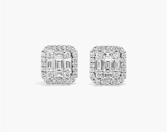 14K White Gold Petite Composite Diamond Stud Earrings. These radiant earrings are a celebration of diamonds. Glitz and glamour thrive in these classic, luxurious earrings. Timeless Baguette Diamond Earrings For Formal Occasions, Classic Baguette Diamond Earrings For Formal Occasions, Timeless Formal Baguette Diamond Earrings, Classic Formal Earrings With Baguette Diamonds, Classic Diamond White Baguette Diamond Earrings, Classic Evening Baguette Diamond Earrings, Luxury Diamond Earrings With Baguette Cut Halo Design, Formal White Gold Cluster Earrings With Baguette Diamonds, Classic Cluster Earrings With Baguette Diamonds