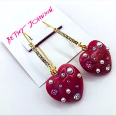 Betsey Johnson Heart Drop Earrings About 2 Inches Long The Heart Is About 1 Inch In Size Brand New With Tags Trendy Heart Charm Earrings For Valentine's Day, Trendy Heart Print Earrings For Valentine's Day, Trendy Heart Beaded Earrings For Valentine's Day, Trendy Heart Print Earrings For Party, Heart Drop Earrings, Betsey Johnson Jewelry, Pretty Stuff, Betsy Johnson, Earrings Color