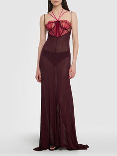 Lvr exclusive tulle & georgette gown - Nensi Dojaka - Women | Luisaviaroma Georgette Gown, Halter Strap, Satin Skirt, Padded Bra, Shearling Jacket, Bra Cups, S Models, Night Gown, Fashion Inspo Outfits