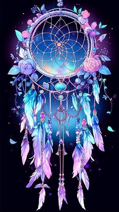 a drawing of a dream catcher with feathers and flowers on it's side, against a dark background