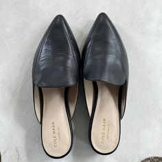 Cole Haan, Never Worn, 1” Heel, Pointed Toe, Size 7b Mules, Casual Synthetic Mules For Office, Closed Toe Synthetic Mules For Work, Synthetic Closed Toe Mules For Work, Pointed Toe Mules With Cushioned Footbed For Work, Casual Pointed Toe Faux Leather Mules, Black Flat Heel Mules For Business, Black Closed Toe Flats For Work, Black Mules For Workwear, Black Mules For Work