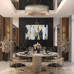 an elegant dining room with black and gold decor