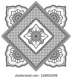 a black and white drawing of a square with flowers on the center, in an ornate pattern