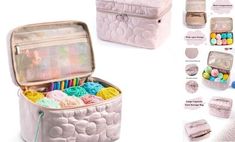 an open suitcase filled with lots of colorful balls and crochet hooks on top of it