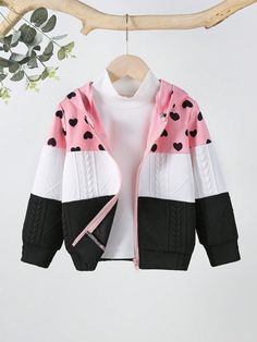 Black Casual Collar Long Sleeve Fabric Colorblock,Heart Zip Up Embellished Slight Stretch  Young Girls Clothing Girl Sweatshirts, Kids Beachwear, Heart Print, Black Casual, Girls Clothing, Zip Up, Black Sweaters, All Fashion, Women Clothes Sale