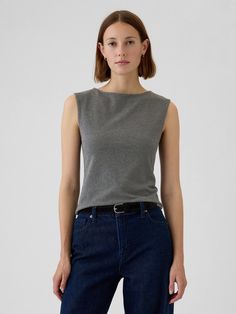 Soft, stretch cotton-modal blend top.  Boatneck.  Sleeveless.  Fit: Close to the body.  Hits at the hip.  Models wearing Gap