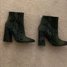 Never Worn Black And Green Snake Print Booties. Very Cute And Perfect For This Time Of Year To Pair With Some Leather Leggings Or Jeans. Trendy Green Heels For Fall, Trendy Green Ankle-high Heels, Green Synthetic Heels For Fall, Trendy Green Ankle Boot Heels, Green Ankle Boot Heels For Winter, Trendy Green Ankle-high Heeled Boots, Green High Heel Boots For Fall, Green Platform Heels For Fall, Green Ankle-high Booties For Fall