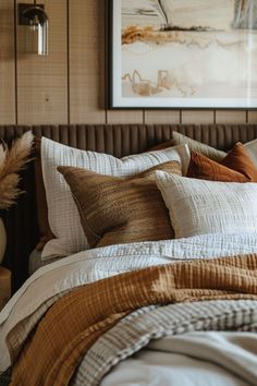 a bed with many pillows and blankets on it