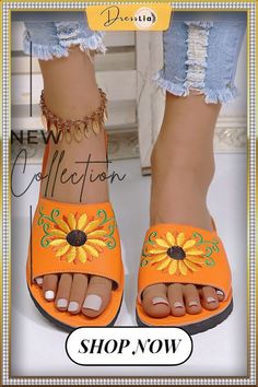 Sunflower Embroidered Print Casual Sandal Slippers Orange Closed Toe Sandals For Spring, Orange Flat Sandals For Spring, Casual Orange Sandals For Spring, Open Toe Sandals With Floral Print For Beach Season, Floral Print Open Toe Sandals For Beach Season, Orange Open Toe Flip Flops For Spring, Orange Open-toe Flip Flops For Spring, Casual Floral Print Sandals For Spring, Flat Embroidered Sandals For Beach