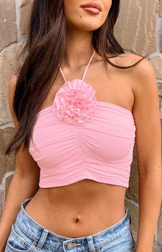 Blushing Blossom Pink Rose Halter Top – Beginning Boutique US Pink Halter Top With Built-in Bra, Pink Summer Halter Top With Built-in Bra, Feminine Spring Crop Top With Built-in Bra, Pink Tops With Built-in Bra For Day Out, Pink Ruched Sleeveless Crop Top, Pink Sleeveless Ruched Crop Top, Fitted Feminine Pink Halter Top, Sleeveless Ruched Pink Crop Top, Chic Spring Halter Top With Built-in Bra