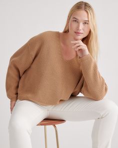 You loved our 100% Organic Cotton Fisherman Crew, so we put a fresh spin on it with the 100% Organic Cotton Fisherman V-Neck Sweater. With its relaxed fit, cropped length, and classic V-neck design, this sweater will be your new go-to for effortless style. Crafted from super-soft organic cotton in a wide ribbed knit, it's comfy and made to last. Also offered in sizes 1X-3X.  | Quince | Women's Fisherman V-Neck Sweater in Camel, Size Medium, Organic Cotton Casual Cropped Sweater For Everyday, Casual Everyday Cropped Sweater, Casual V-neck Sweater For Everyday Fall Wear, Casual Brown V-neck Sweater For Spring, Everyday Relaxed Fit V-neck Sweater, Oversized Beige V-neck Sweater, Oversized Beige Casual V-neck Sweater, Beige Casual V-neck Sweater For Loungewear, Everyday Cozy V-neck Top