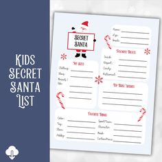 the secret santa list for kids is shown in red and white with candy canes on it