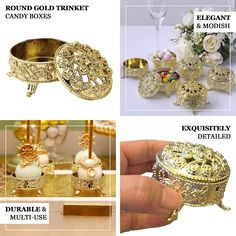 there are many different types of jewelry on this page, including gold trinkets and candles