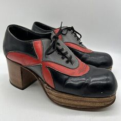 70s Men's Platform Shoes Retro Disco Vintage Funky Black, Red, Gray Size 8-8.5  | eBay Retro Leather Sneakers With Red Sole, Red Retro Leather Sneakers, Low-top Leather Boots With Red Sole, Retro Plain Toe Leather Shoes, Vintage Red Sneakers With Round Toe, Vintage Black Leather Shoes With Rubber Heel Cap, Red Leather Shoes With Round Toe, Retro Sneakers With Leather Sole And Round Toe, Red Lace-up Leather Shoes With Branded Insole