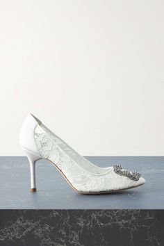 MANOLO BLAHNIK Hangisi 90 embellished corded lace pumps | NET-A-PORTER Manolo Blahnik Lace Heels, Iconic Heels, White Manolo Blahnik, Manolo Blahnik Wedding Shoes, Manolo Blahnik White, Manolo Blahnik Hangisi, Lace Pumps, Wedding Shoes Lace, Lace Heels